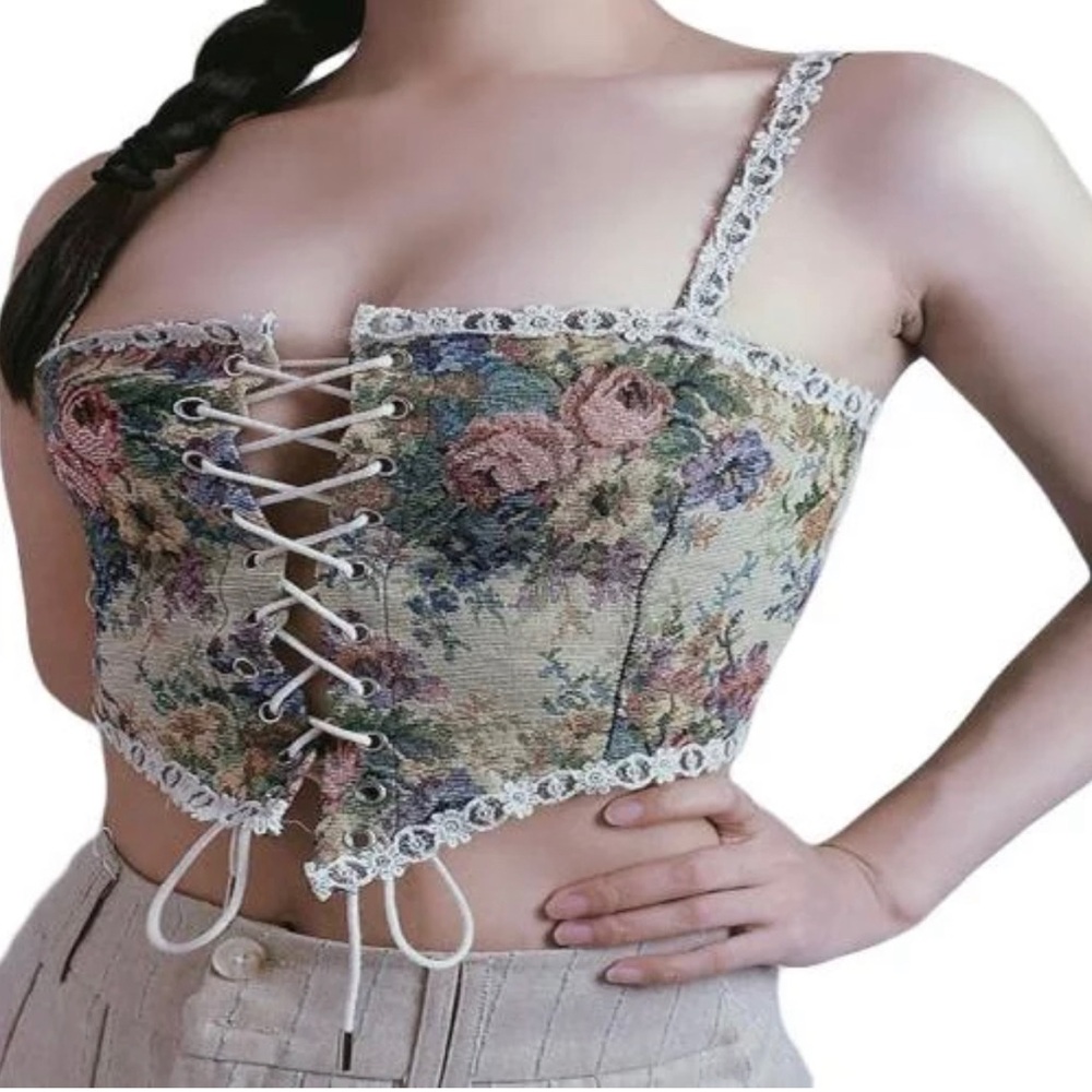 Vintage style floral bustier corset tank vest lace cottagecore SZ Small